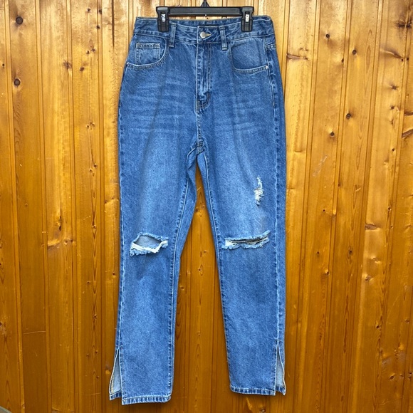 Shein High Waisted Distressed Open Sides Bottoms Washed Blue Women's Jeans 29 ! - Picture 1 of 7